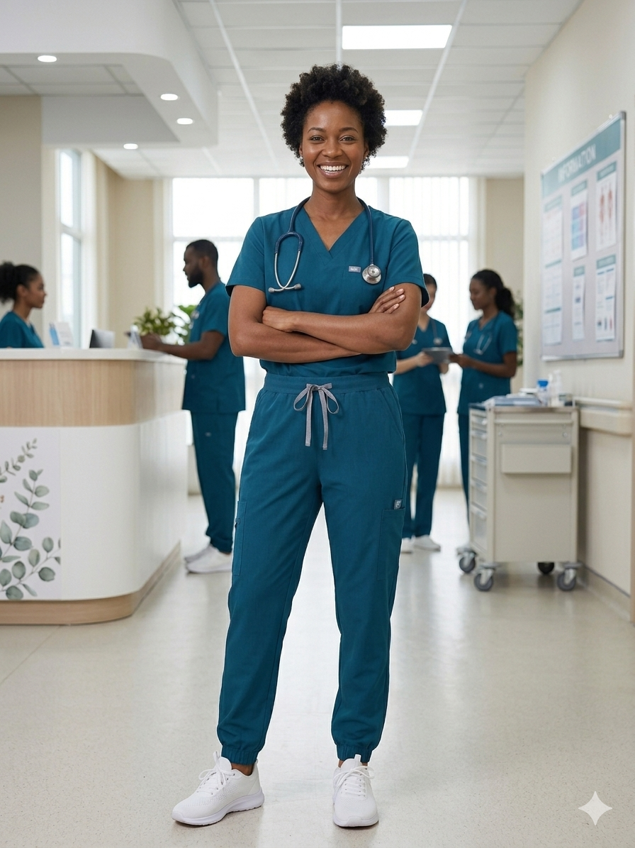 Nurse in teal scrubs standing in a hospital corridor with colleagues in the background