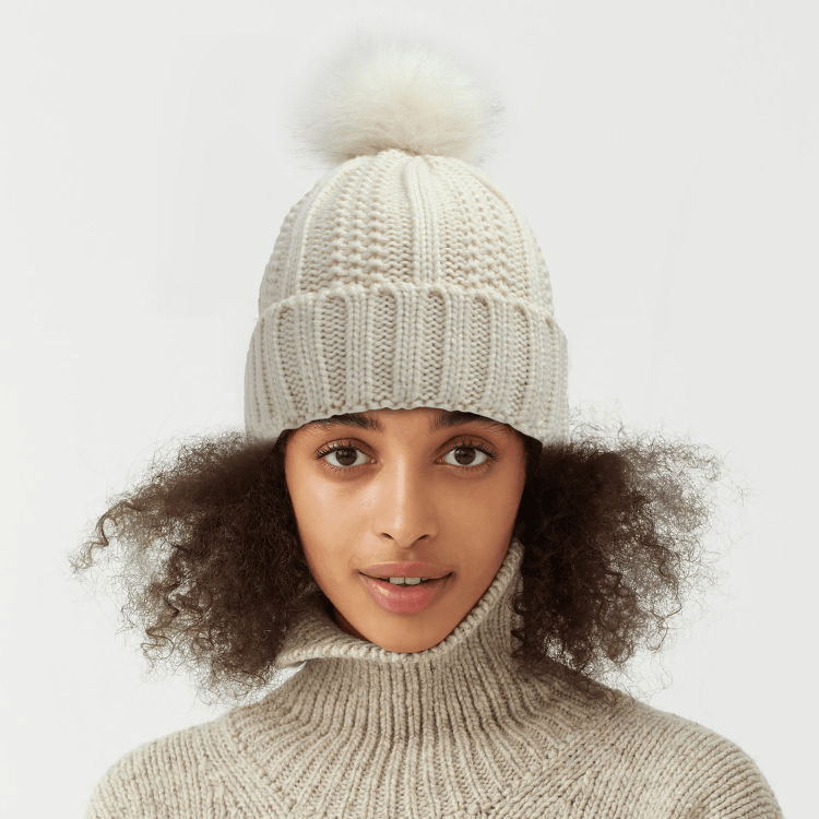 Satin Lined Beanie with Fur Pompom - GeVi Beauty 